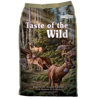 Zak hondenvoer Taste of the Wild, Pine Forest Canine Formula met Venison & Legumes, graanvrij. Tekst: Purified Water. Bosdieren afgebeeld op de verpakking.