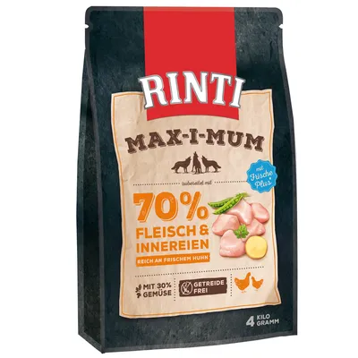Balení Rinti Max-i-mum, 70 % Fleisch & Innereien, reich an frischem Huhn, mit 30 % Gemüse, getreidefrei, 4 Kilo Gramm. Vyobrazené maso, zelenina a kuře.