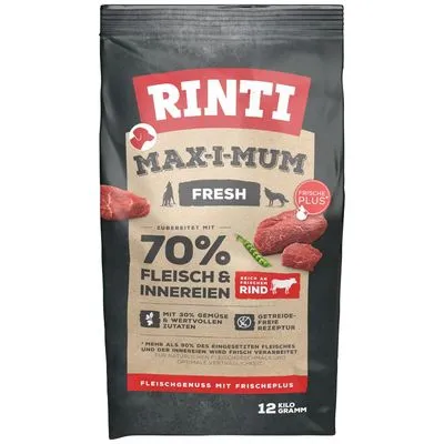 Rinti Max-i-mum Fresh hondenvoer, 70% vlees & inwendige organen, rijk aan vers rund, graanvrije receptuur, 12 kg verpakking. Zichtbare tekst: FLEISCHGENUSS MIT FRISCHEPLUS.
