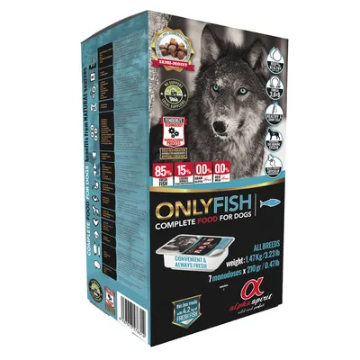 Alpha Spirit ONLY FISH complete food for dogs, 1.47kg, 7 x 210g trays, 85% fish, 15% liquids, 0% grain gluten meat meal, convenient & always fresh, visible wolf image on pack Alpha Spirit ONLY FISH complete food for dogs, 1.47kg, 7 x 210g trays, 85% fish, 15% liquids, 0% grain gluten meat meal, convenient & always fresh, visible wolf image on pack