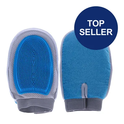Zwei blaue Pflegehandschuhe mit Gummiborsten und Stoffseite. Kreis mit Text 'Top Seller' oben rechts.