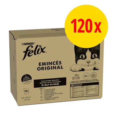 Boîte Purina Felix Emincés Original Sélection de la Campagne en gelée, 120 x 85 g. Texte visible : sans colorants, 100 % complet et équilibré, variétés poulet et bœuf. Boîte Purina Felix Emincés Original Sélection de la Campagne en gelée, 120 x 85 g. Texte visible : sans colorants, 100 % complet et équilibré, variétés poulet et bœuf.