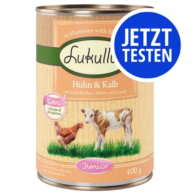 Lukullus Huhn & Kalb mit Haferflocken, Möhre und Leinöl, Extra Calcium & Phosphorus, Junior, 400 g. JETZT TESTEN.