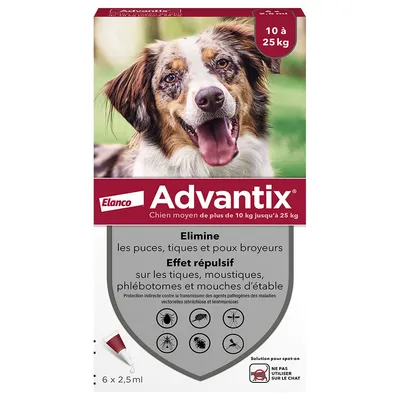 Advantix® chien moyen, de 10 kg à 25 kg - 12 mois de protection (2 x 6 pipettes) Advantix® chien moyen, de 10 kg à 25 kg - 12 mois de protection (2 x 6 pipettes)
