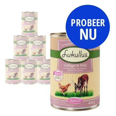 Lukullus Geflügel & Wild Junior 400 g, met zoete aardappel, bosbessen en zonnebloemolie. Probeer nu. Extra calcium & fosfor zichtbaar op het etiket.