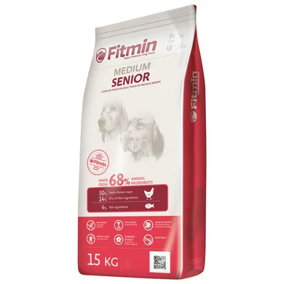 Fitmin Medium Senior krmivo pre psov, 15 kg. 68 % živočíšnych zložiek: 50 % čerstvé kuracie mäso, 14 % sušené kuracie zložky, 4 % rybie zložky. Bez pšenice, anti-aging, zdravé kĺby, bez GMO.