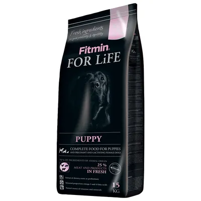 Fitmin FOR LiFE Puppy, Alleinfutter für Welpen, 70% tierische Zutaten, 25% frisches Fleisch, Chicorée-Extrakt, Omega-3 und -6, Vitamine und Mineralien, 15 kg