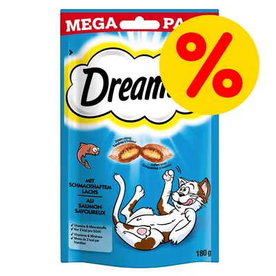 Dreamies kissanherkut, lohi, 180 g, MEGA PACK. Keltainen prosenttimerkki oikeassa yläkulmassa. Teksti: Vitamiineja & mineraaleja, vain 2 kcal per pala. Pakkaus sininen.