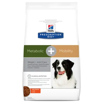 Упаковка корма Hill's Prescription Diet Metabolic + Mobility для собак, Weight + Joint Care, с изображением собаки и надписью with Chicken