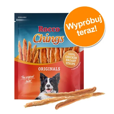 Rocco Chings Originals, 100% Chicken Breast Strips, opakowanie 250 g z psem na froncie. Pomarańczowe koło z napisem: Wypróbuj teraz!