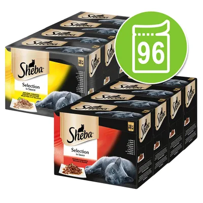Sheba Selection in Sauce, 8 опаковки по 12 х 85 г, общо 96 пауча. Видими са жълта и червена серия с изображение на котка и порция храна.