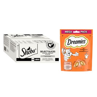 Sheba Selection Selezione 32x85g Mega-Pack y Dreamies Mega Pack con delicioso pollo, 180g. Ambos paquetes mostrados uno al lado del otro.