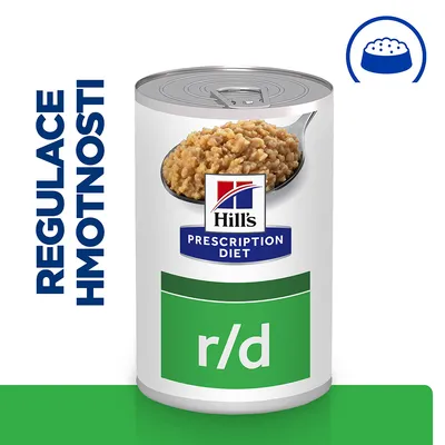 Konzerva Hill's Prescription Diet r/d, nápis REGULACE HMOTNOSTI, zobrazená textura krmiva na lžíci.