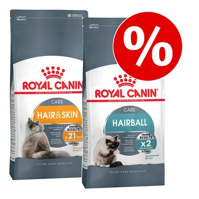 Royal Canin Care Hair & Skin und Hairball Katzenfutter. Sichtbare Ergebnisse in 21 Tagen für Fellgesundheit und x2 Haarreduzierung in 14 Tagen. Angebot mit rotem Prozentzeichen.