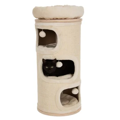 Tiragraffi cilindrico beige con tre aperture, cuscini interni e palline pendenti. Un gatto nero è visibile nella sezione centrale.