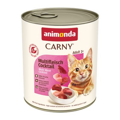 24x800g animonda Carny Adult Rind + Huhn, 100% frische Zutaten, Ohne Getreide, Made in Germany, con immagine di gatto e pezzi di carne visibili sulla confezione.