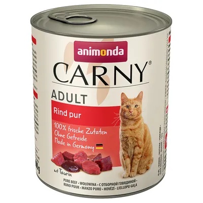 Animonda Carny Adult vacuno puro, 100% ingredientes frescos, sin cereales, hecho en Alemania, con taurina. Lata con etiqueta roja y imagen de carne. Animonda Carny Adult vacuno puro, 100% ingredientes frescos, sin cereales, hecho en Alemania, con taurina. Lata con etiqueta roja y imagen de carne.