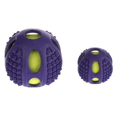 Zwei lila Spielbälle mit strukturierten Oberflächen und gelbem Innenball, geeignet für interaktives Spielen.