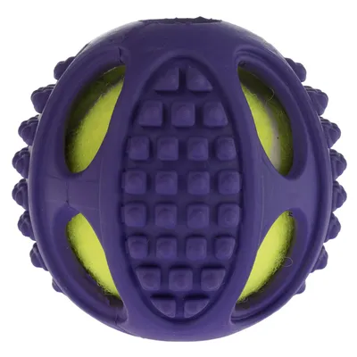 Purple rubber ball with yellow tennis ball core and textured surface for play and training.
