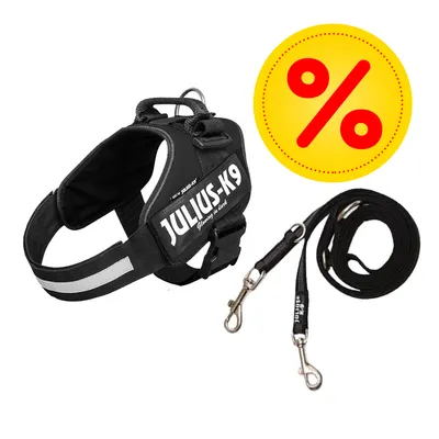 JULIUS-K9 hondenharnas en zwarte lijn met metalen haken, zichtbaar merknaam op harnas. Gele cirkel met rood procentteken duidt op korting of aanbieding.