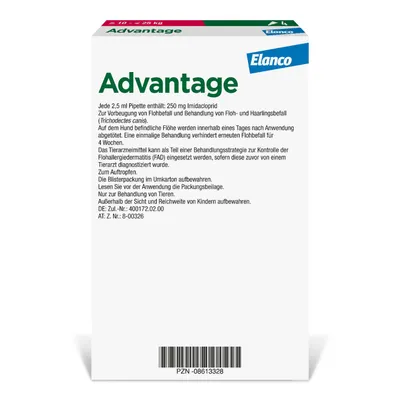 Advantage Elanco. Jede 2,5 ml Pipette enthält 250 mg Imidacloprid zur Vorbeugung und Behandlung von Floh- und Haarlingsbefall. Nur zur Anwendung bei Tieren. Packungsbeilage beachten.