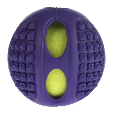 Palla di gomma viola con nucleo di pallina da tennis gialla, strutturata per una presa migliore.
