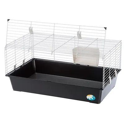 Kleintierkäfig mit schwarzer Kunststoffwanne und weissem Metallgitter, inklusive Heuraufe. Geeignet für Innenhaltung. Kleintierkäfig mit schwarzer Kunststoffwanne und weissem Metallgitter, inklusive Heuraufe. Geeignet für Innenhaltung.