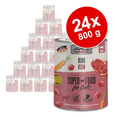 Lot de 24 boîtes MAC's Super Food for Cats Rind Beef 800 g, visible : Made in Germany, sans céréales, forte teneur en viande, pour chats adultes. Illustration de bœuf et carotte.