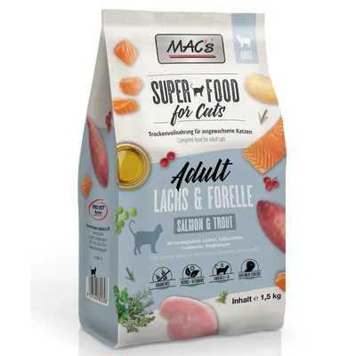 MAC's Super Food for Cats Adult lohi & taimen, kuivaruoka aikuisille kissoille, norjalaisella lohella, bataatilla, karpaloilla, vuoristoyrteillä. Sisältö: 1,5 kg. MAC's Super Food for Cats Adult lohi & taimen, kuivaruoka aikuisille kissoille, norjalaisella lohella, bataatilla, karpaloilla, vuoristoyrteillä. Sisältö: 1,5 kg.