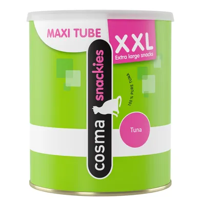 Confezione Cosma Snackies Maxi Tube XXL, extra large snacks, 100% pure tuna, gusto Tuna. Testo visibile in inglese.