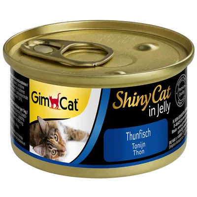 GimCat ShinyCat in Jelly tuna. Premium kakovost, brez glutena, brez dodanega sladkorja. Zlata pločevinka z motivom mačke in podatki o izdelku.
