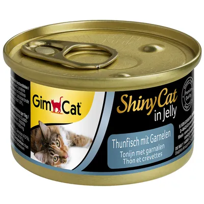 GimCat ShinyCat v žele, tuna z rakci, brez glutena, premium kakovost, brez dodanega sladkorja. Mačji motiv na embalaži.