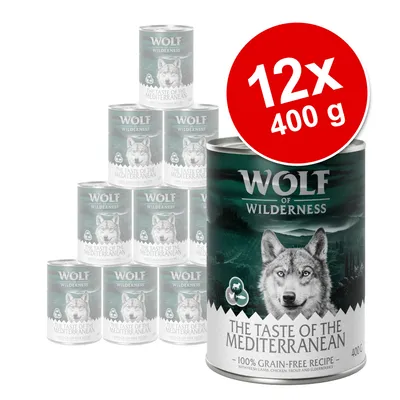 Zestaw 12 puszek Wolf of Wilderness The Taste of the Mediterranean, każda 400 g. Widoczny napis: 100% grain-free recipe, with fresh lamb, chicken, trout and elderberries. Zestaw 12 puszek Wolf of Wilderness The Taste of the Mediterranean, każda 400 g. Widoczny napis: 100% grain-free recipe, with fresh lamb, chicken, trout and elderberries.