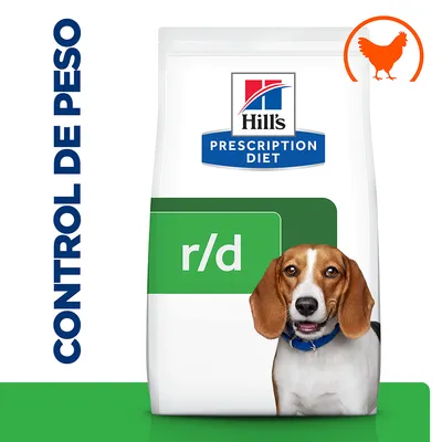 Pienso Hill's Prescription Diet r/d para perros, control de peso, símbolo de pollo visible en la esquina superior derecha.
