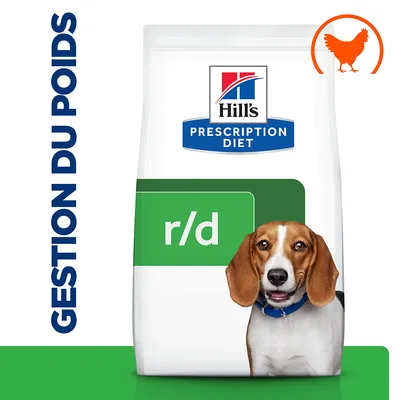 Sac Hill's Prescription Diet r/d pour chien, mention « Gestion du poids » à gauche, pictogramme poulet en haut à droite.