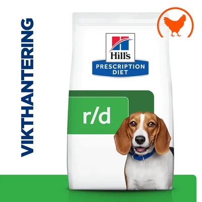 Hill's Prescription Diet r/d hundfoder, texten 'VIKTHANTERING' och en orange kycklingsymbol syns på förpackningen.