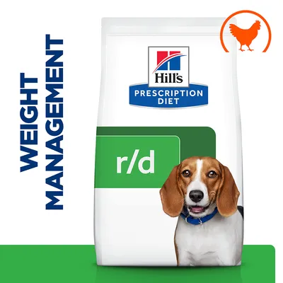 Hill's Prescription Diet r/d food packaging with weight management text and chicken icon visible