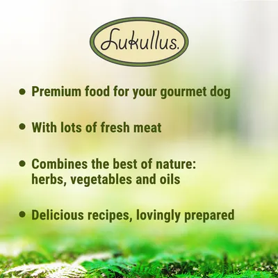 Lukullus. Premium food for your gourmet dog with lots of fresh meat. Combines herbs, vegetables and oils. Delicious recipes, lovingly prepared.