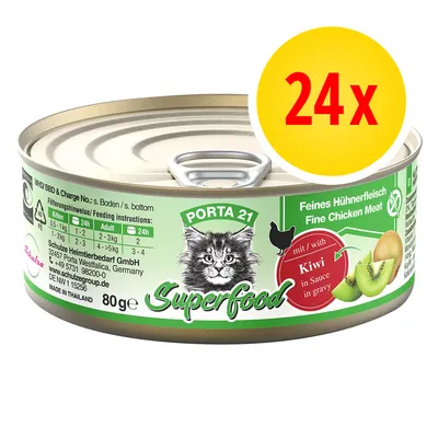 Porta 21 Superfood, carne di pollo con kiwi in salsa per gatti, confezione da 24x80g. Istruzioni alimentari visibili per cuccioli e adulti. Testo in tedesco e inglese sull'etichetta. Porta 21 Superfood, carne di pollo con kiwi in salsa per gatti, confezione da 24x80g. Istruzioni alimentari visibili per cuccioli e adulti. Testo in tedesco e inglese sull'etichetta.