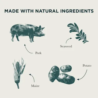 Made with natural ingredients: pork, maize, potato, and algae. English text and illustrations of the ingredients are shown. Made with natural ingredients: pork, maize, potato, and algae. English text and illustrations of the ingredients are shown.