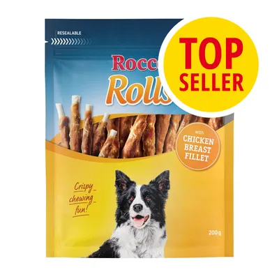 Rocco Rolls, snack per cani con pollo, confezione da 200 g. Testo visibile: 'with chicken breast fillet', 'Crispy – chewing fun!', bollino giallo 'TOP SELLER'. Rocco Rolls, snack per cani con pollo, confezione da 200 g. Testo visibile: 'with chicken breast fillet', 'Crispy – chewing fun!', bollino giallo 'TOP SELLER'.