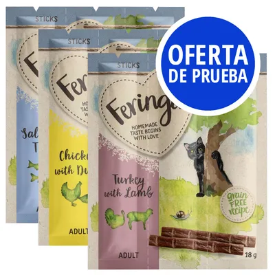Feringa Sticks para gatos adultos, sabores: salmón y trucha, pollo y pato, pavo y cordero. Oferta de prueba visible en círculo azul. Receta sin cereales, 18 g. Feringa Sticks para gatos adultos, sabores: salmón y trucha, pollo y pato, pavo y cordero. Oferta de prueba visible en círculo azul. Receta sin cereales, 18 g.