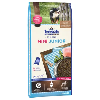 Bosch Mini Junior upp till 12 månader, High Premium Concept, 15 kg. Utan glutenhaltigt spannmål, kolostrum, 26 % protein, 17 % fetthalt. För små raser. Vitalitet och livsglädje.