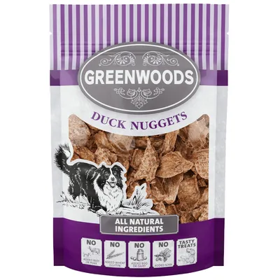 Greenwoods Duck Nuggets, All Natural Ingredients. Geen toegevoegd rund of varkensvlees, tarwegluten, ei of zuivel, soja. Tasty Treats.