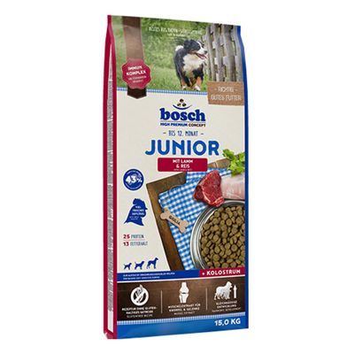 Bosch Junior upp till 12 månader, med lamm och ris, 15 kg. Mycket färsk fågel, utan spannmål med gluten, kolostrum för immunförsvar, muskelstyrka och jämn utveckling.