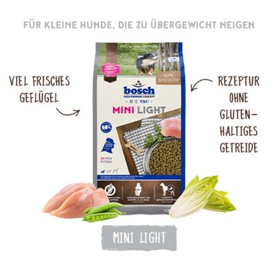 bosch Mini Light Trockenfutter, viel frisches Geflügel, Rezeptur ohne glutenhaltiges Getreide, für kleine Hunde, die zu Übergewicht neigen.