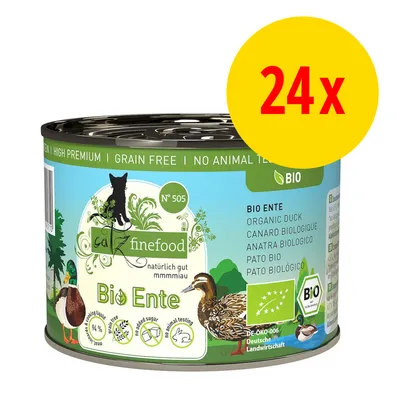 caZfinefood Bio Ente, N° 505, BIO, 24x. Text: High Premium, Grain Free, No Animal Testing, Bio Ente, DE-ÖKO-006 Deutsche Landwirtschaft, bez přidaného cukru, bez testování na zvířatech.