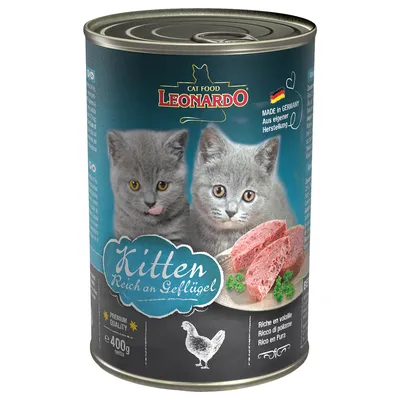 Leonardo Cat Food Kitten, rikt på fjäderfä, premiumkvalitet, Made in Germany, 400g burk. Två grå kattungar och serverad våtmat visas.