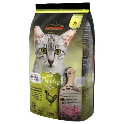 Leonardo Cat Food Adult Poultry GF, рецепта без зърнени храни, с прясно птиче месо, източник на протеин: 80% животински, 20% растителен, подходяща за чувствителни котки, 1,8 кг. Leonardo Cat Food Adult Poultry GF, рецепта без зърнени храни, с прясно птиче месо, източник на протеин: 80% животински, 20% растителен, подходяща за чувствителни котки, 1,8 кг.