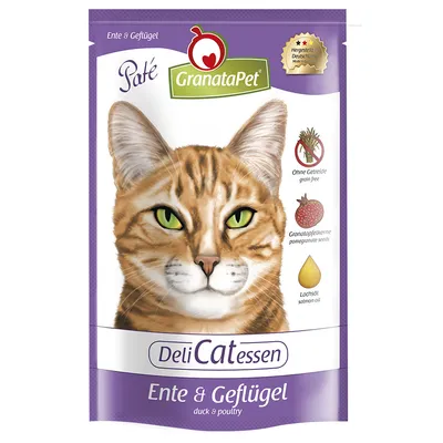 GranataPet DeliCatessen Paté Ente & Geflügel. Sin cereales, con semillas de granada y aceite de salmón. Fabricado en Alemania. Imagen de un gato en el envase.